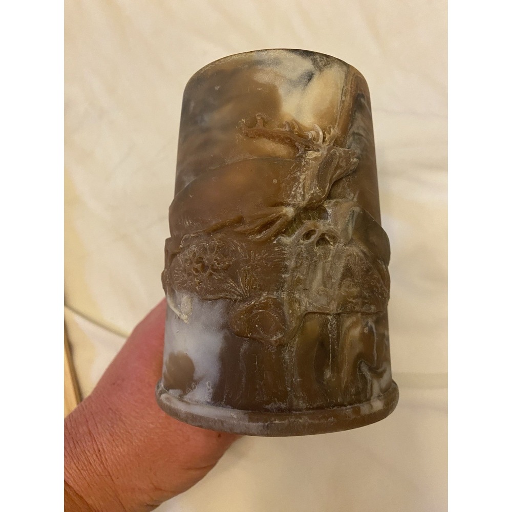 Vintage Handcrafted Incolay Stone Bull‎ Elk & Cow Cup Mug Nature Wildlife USA LL